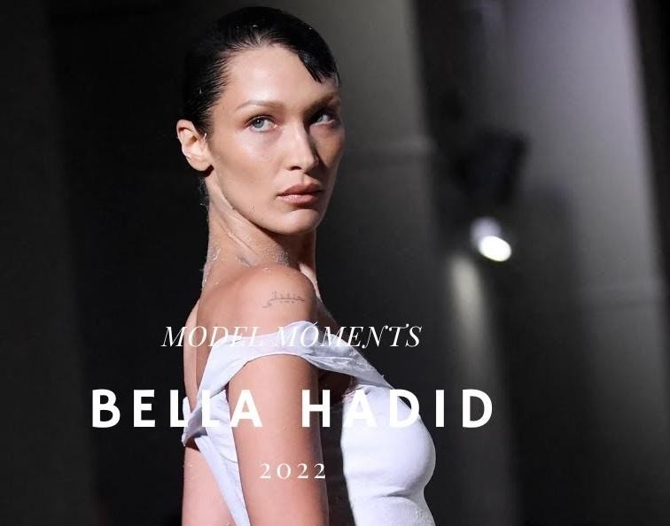 Bella Hadid na wybiegu lub czerwonym dywanie, prezentująca odważną stylizację haute couture, z pewnością i gracją.